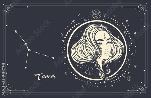 Vector line art of Cancer zodiac woman with sacred geometry and constellation map. Spiritual astrology illustration inspired by lunar energy, new age mysticism, horoscope reading and oracle symbolism.