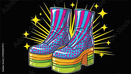 A pair of vibrant, retro platform boots with a pop art style