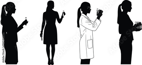 Female scientist silhouette, laboratory researcher holding test tube, medical science research concept, chemistry experiment, biotechnology analysis, woman lab technician professional