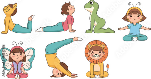 Kids practicing animal yoga poses collection including cobra frog butterfly lion meditation cartoon vector illustration set