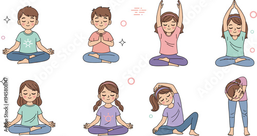 Kids practicing yoga and meditation poses stretching relaxation mindfulness healthy lifestyle children cartoon vector illustration set