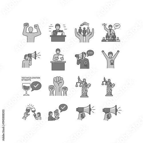 A collection of grayscale icons depicting various aspects of activism and advocacy