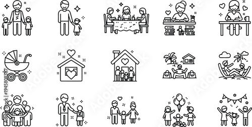Family Life and Parenting Line Icons Set with Parents Children Home Love and Care Vector