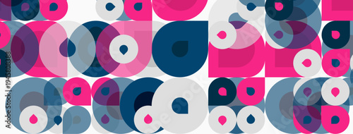 Abstract pattern features overlapping circles. Colors include pink, navy, gray, white. Design appears modern, geometric, repetitive.