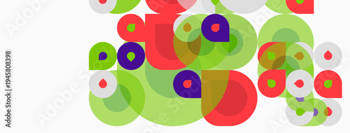 Abstract circles overlap, creating vibrant color patterns. Green, purple, red hues dominate composition. Simple shapes suggest playful design.