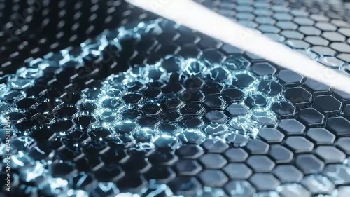 A bright beam of light cuts through a dark hexagonal grid structure