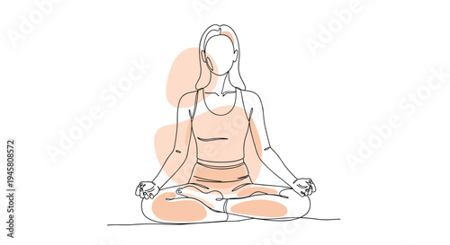 Minimalist continuous line drawing of a woman in a lotus meditation yoga pose with soft peach abstract shapes.