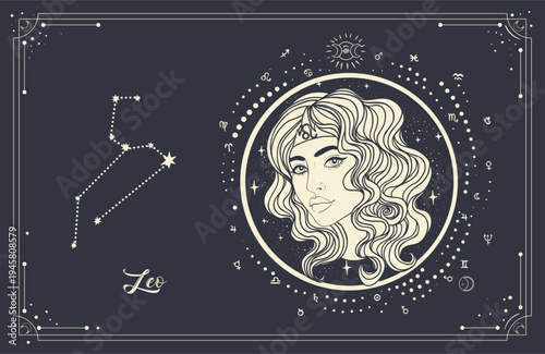 Vector line art of Leo zodiac woman with sacred geometry and celestial star map. Mystical astrology illustration connected with horoscope symbolism, new age spirituality and cosmic energy.