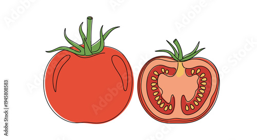 Realistic illustration of a whole red tomato and a half slice showing the seeds and internal structure on a white background.