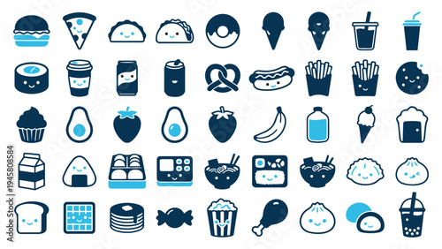 Charming Kawaii Food and Beverage Icons Set in Blue and Black Vector Art for Creative Projects