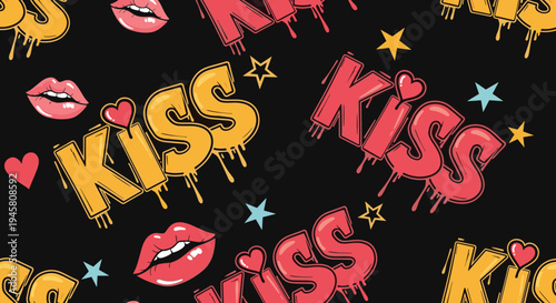 Fun pop art pattern featuring the word kiss in vibrant letters with pink lips, hearts, and stars on a black background.