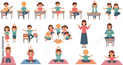 Kids practicing yoga and stretching exercises in classroom with teacher healthy school activity cartoon vector illustration set