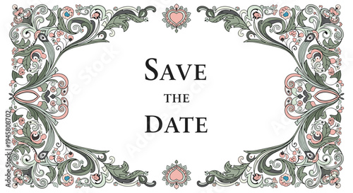 Highly ornate save the date frame with vintage scrolls, hearts, flowers, and berries in a sophisticated muted color palette.