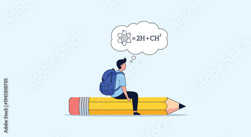 Creative illustration of a student boy with a backpack sitting on a giant yellow pencil thinking about science and atoms.