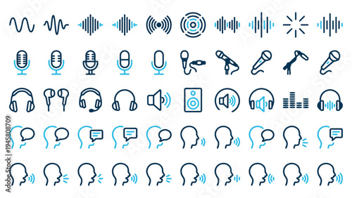 Comprehensive Set of Audio and Speech Icons. Including sound waves, microphones, headphones, and human communication symbols for digital interfaces and media projects.
