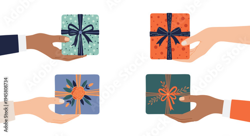 Four diverse hands holding beautifully wrapped gift boxes with ribbons and botanical decorations on a clean white background.