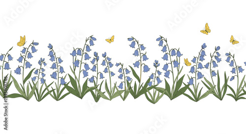 Seamless border pattern with delicate blue bellflowers and small yellow butterflies on a clean white background.