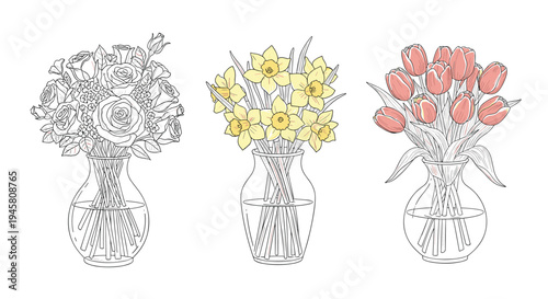 Three diverse flower bouquets in glass vases including white roses, yellow daffodils, and pink tulips in various styles.