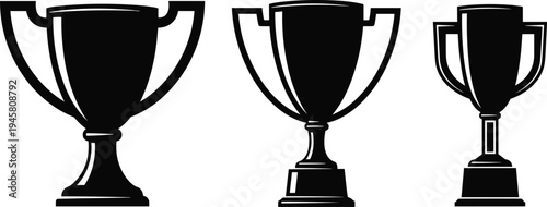 Set of Three Black Trophy Cup Silhouettes for Sports Awards and Winner Recognition Vector Illustration Isolated on White Background for Achievement Logo Design