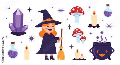 Cute little witch character with magical items like a cauldron, potion bottles, mushrooms, crystals, and candles.
