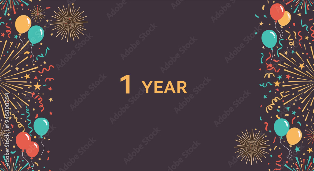 Fototapeta premium 1 Year anniversary or birthday celebration background with colorful balloons fireworks and streamers on a dark base.