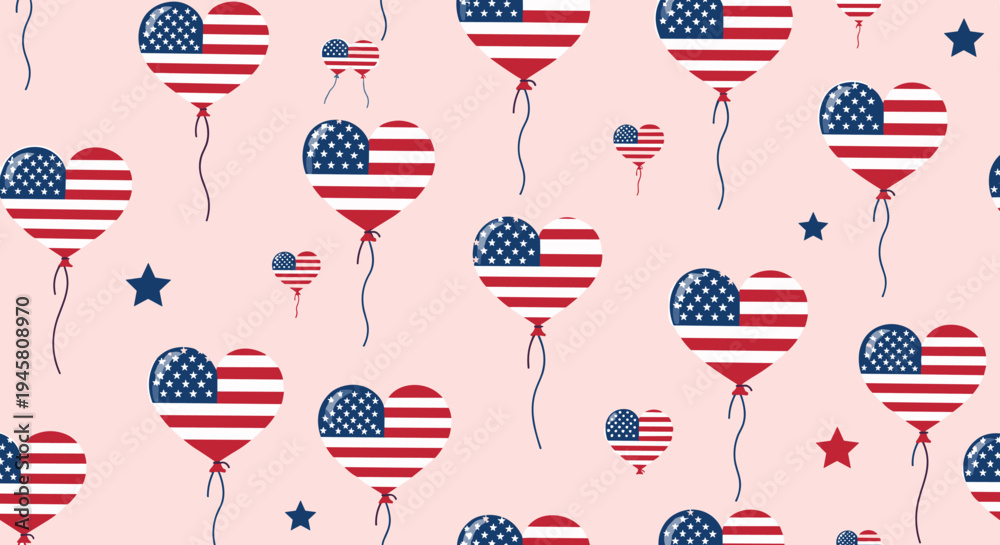 Obraz premium Patriotic seamless pattern with heart shaped balloons featuring the United States flag pattern and stars on pink.