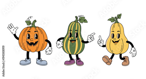 Fun trio of retro style vegetable characters featuring a pumpkin and two gourds with arms legs and faces on white.