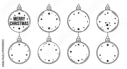 Collection of eight Christmas ornament outline frames with stars and one featuring a festive merry christmas message.