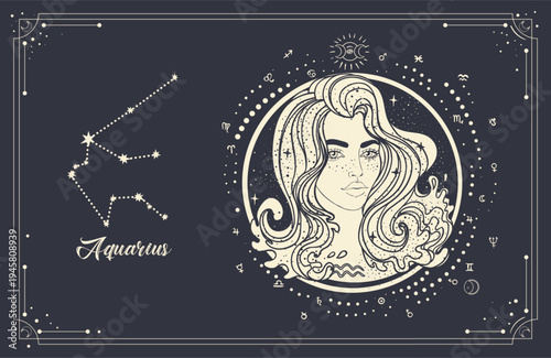 Vector line art of Aquarius zodiac woman with sacred geometry and celestial star map. Modern mystical astrology illustration connected with innovation, horoscope symbolism and new age spirituality.
