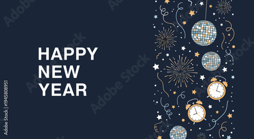 Happy New Year celebratory banner featuring clocks disco balls fireworks and stars on a dark night sky background.