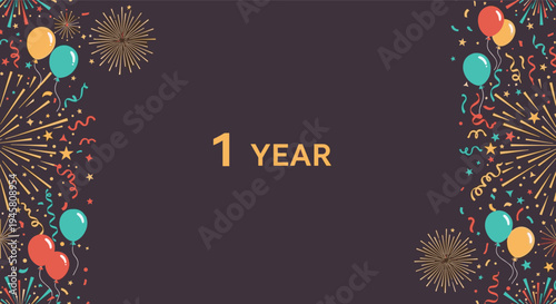 1 Year anniversary or birthday celebration background with colorful balloons fireworks and streamers on a dark base.