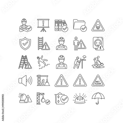 A collection of black and white icons related to safety and warning