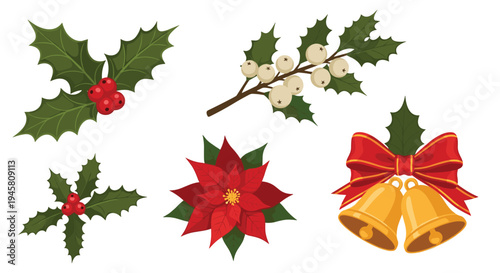 Festive christmas collection featuring holly leaves with red and white berries, a red poinsettia flower, and golden bells with a red bow.