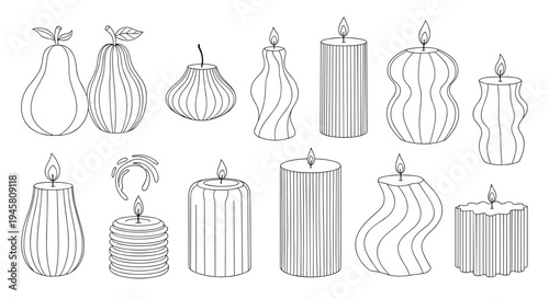Collection of various candle shapes and sizes in simple line art style, including pillar, pear, and wavy designs with flames.