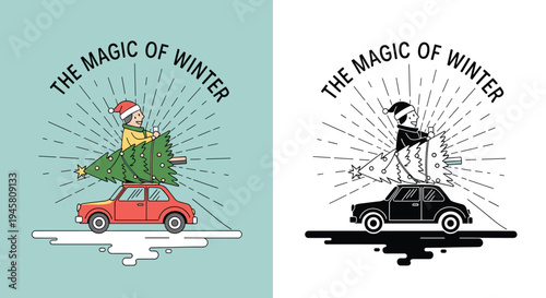Magic of winter illustration showing a person driving a small red car with a large christmas tree tied on top against a snowy scene.