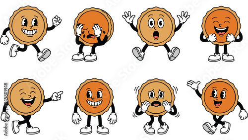 Playful Set of Vintage Rubber Hose Cartoon Whole Pie Characters with Expressive Faces and Dynamic Poses