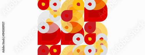 Abstract composition featuring overlapping circles, red and yellow hues dominate. Minimalist design, geometric shapes create dynamic visual texture.