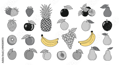 Monochrome fruit icons featuring strawberries, pineapple, grapes, bananas, apples, and pears with selective yellow color on the bananas.
