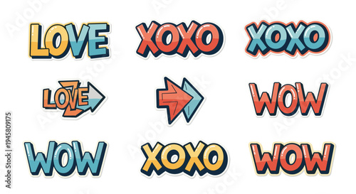 Colorful pop art stickers with text love, wow, and xoxo featuring bold outlines and vibrant gradients in comic style.