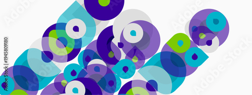 Abstract circles overlap, creating dynamic visual texture. Colors include blues, purples, greens, whites. Composition feels energetic, modern.