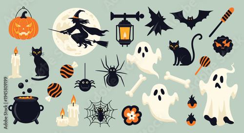 Large set of halloween icons including a witch on a broom, ghosts, black cats, pumpkins, spiders, bats, and spooky candles.