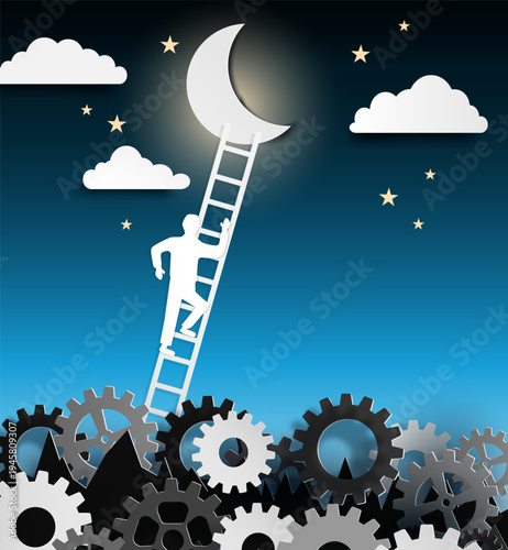 Paper cut style vector illustration showing a person climbing a ladder toward a crescent moon in a starry night sky above mechanical gears. This artwork symbolizes ambition, growth, determination, suc