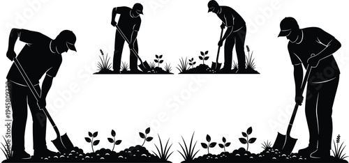 Gardener digging soil with shovel silhouettes, farming and gardening work concept, agriculture labor activity, black silhouette illustration isolated