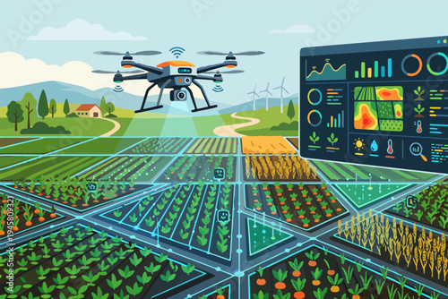 Flat vector illustration showing drone technology used in modern precision agriculture.