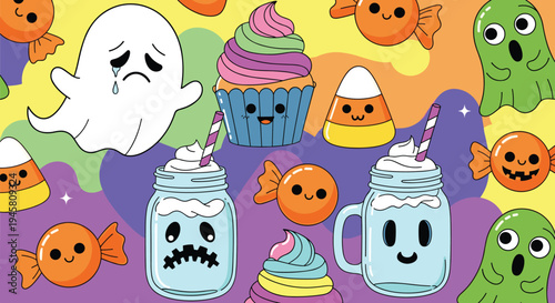 Colorful halloween themed illustration with cute ghosts, milkshakes with straws, cupcakes, candy corn, and lollipops in vibrant colors.