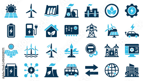 Comprehensive Collection of Green Energy and Sustainable Technology Icons for Environmental Solutions and Renewable Power Generation