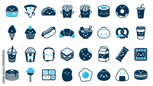 Adorable Kawaii Style Food Icon Set: Cute Fast Food, Snacks, Desserts, and Drinks Collection