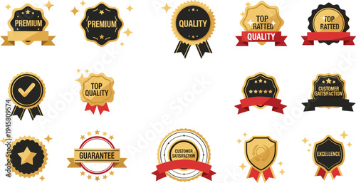 Premium Quality Badge and Guarantee Label Icon Set with Gold Award Seals Customer Satisfaction Top Rated Vector Illustration Collection
