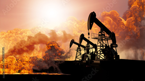 Oil pump jacks silhouettes against massive explosion and fire at oil field from missiles during the war with Iran dramatic 3D render concept