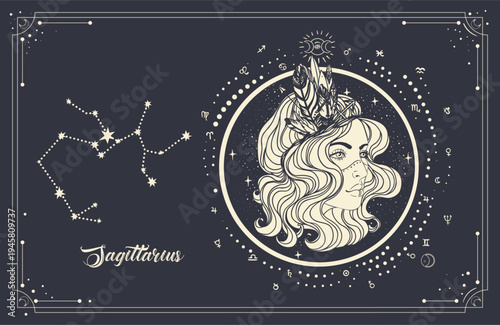 Vector line art of Sagittarius zodiac woman with sacred geometry and constellation map. Mystical astrology illustration inspired by cosmic exploration, horoscope reading and new age philosophy.
